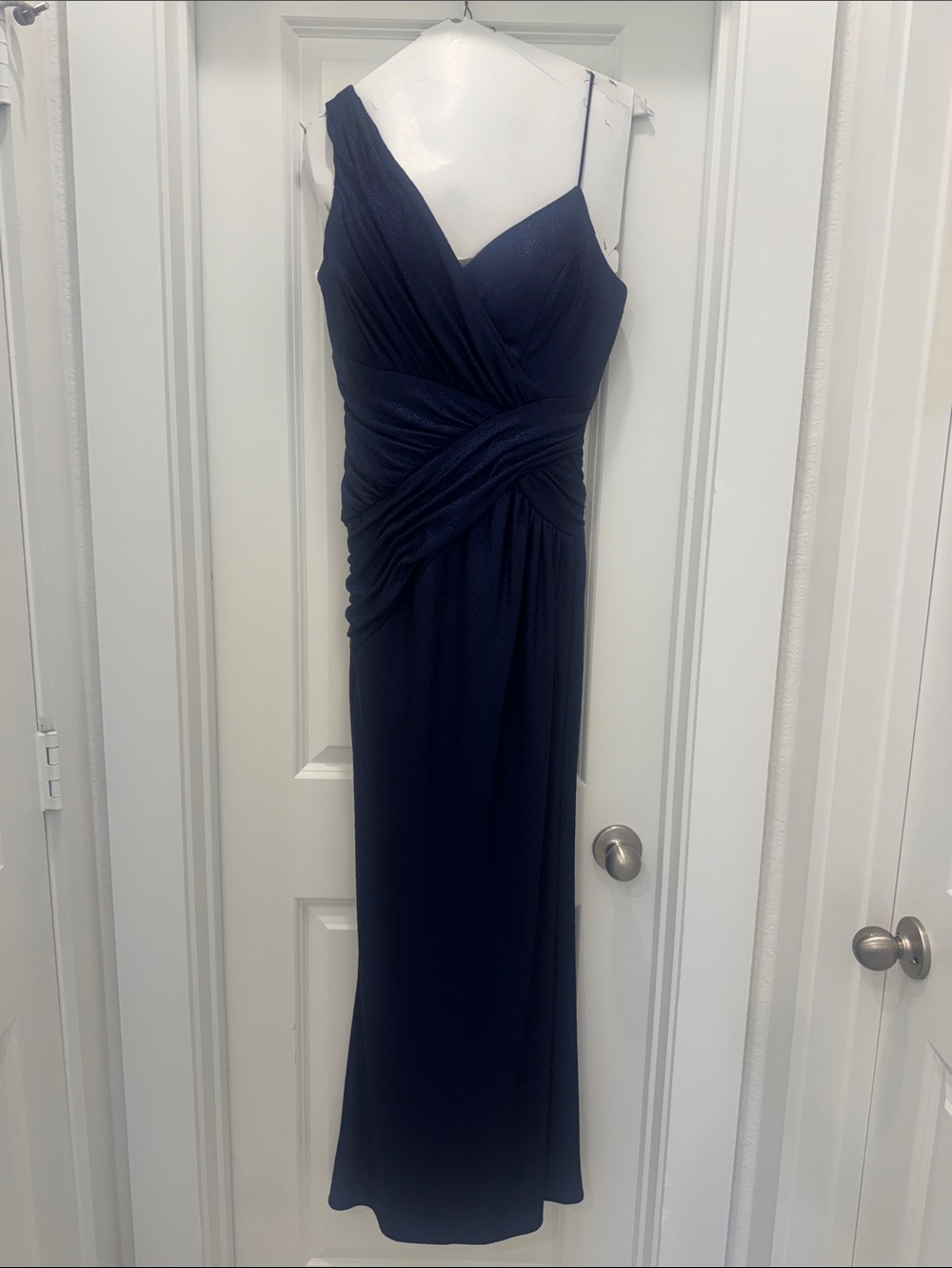 Xscape Navy One-Shoulder Ruched Evening Gown